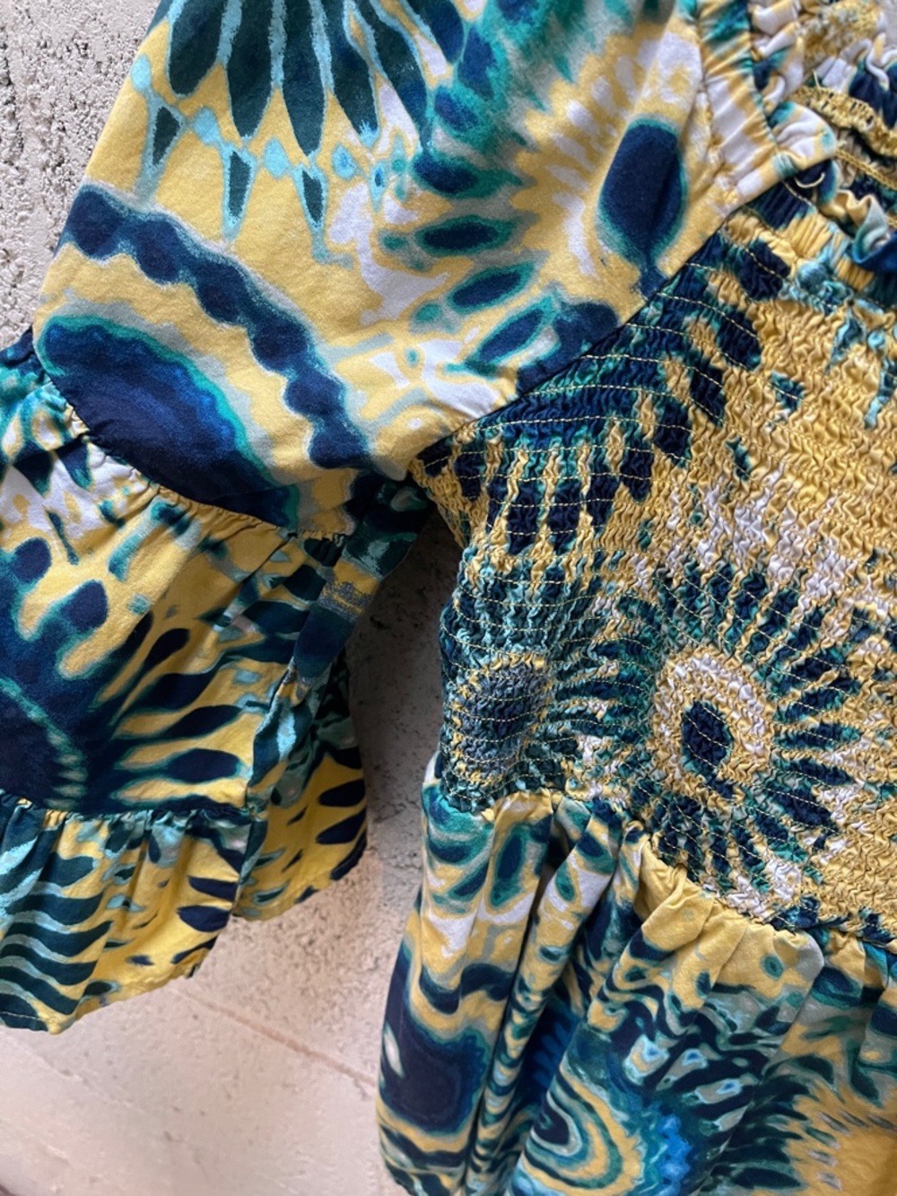 Terra & Sky Boho Floral Smocked Peasant Top - Yellow & Teal - Picture 3 of 3